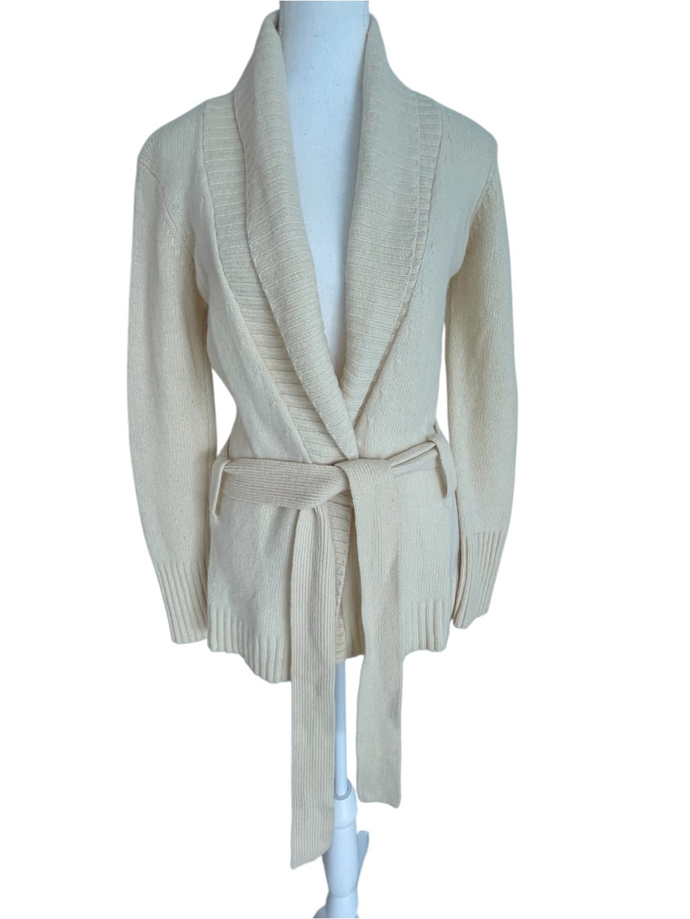 Women's Cream Shawl-Collar Belted Wool Cardigan Size Small
